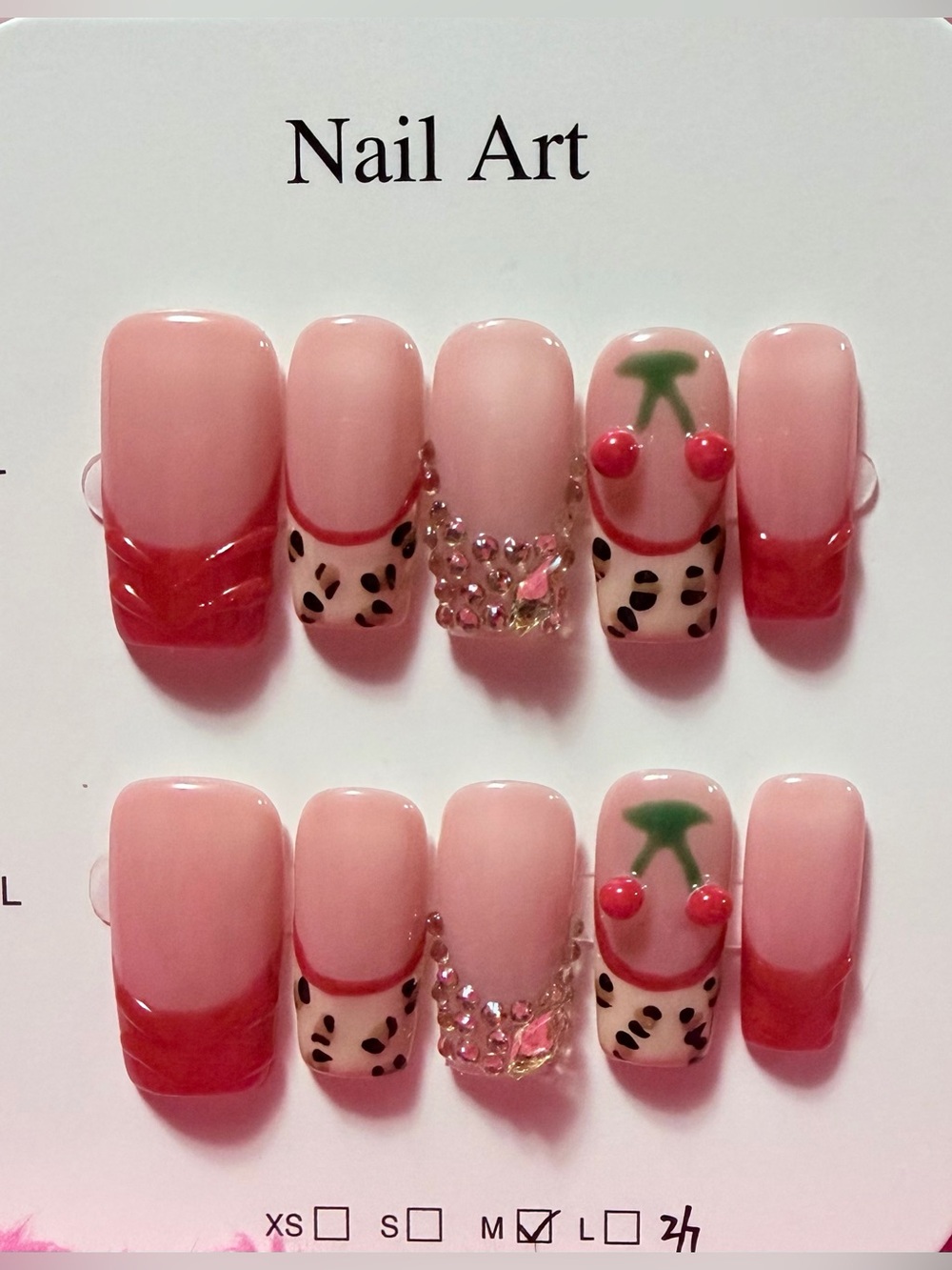 Pink Cherry Accent Press-On Nails with Rhinestones